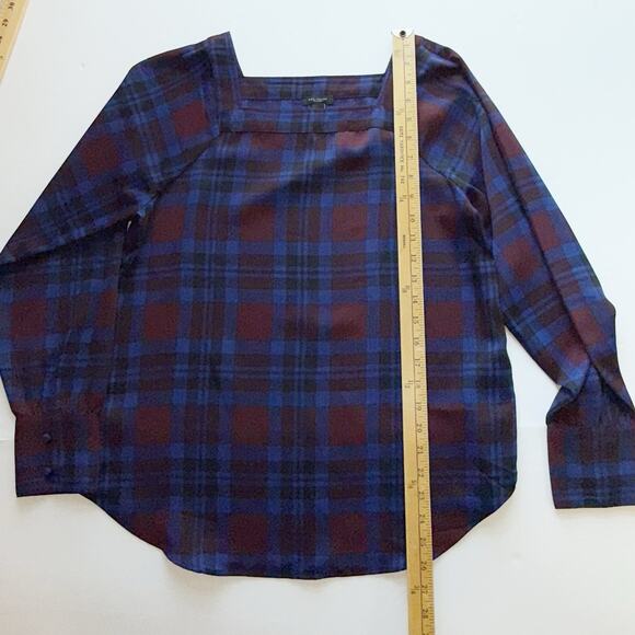 Ann Taylor Factory Plaid Blouse Women’s S Burgundy Blue Long Sleeve Square Neck - Picture 9 of 11